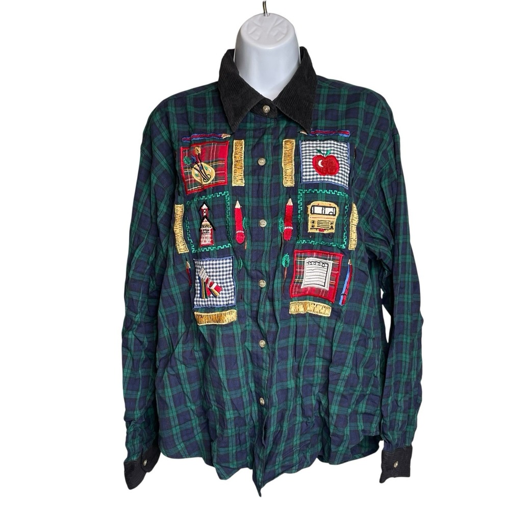 Paul Harris Design Womens Embroidered Teacher's Pet Button Up Shirt Size XL Gift
